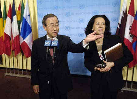 New U.N. Secretary-General Ban Ki-moon (L) stands beside new spokesperson Michele Montas (R) as he speaks on the first day of a five-year term at the United Nations in New York January 2, 2007, replacing Kofi Annan who left office after ten years. 